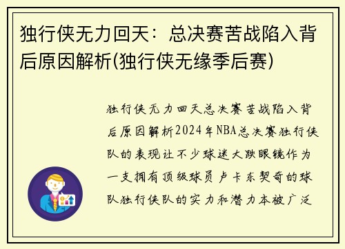 独行侠无力回天：总决赛苦战陷入背后原因解析(独行侠无缘季后赛)