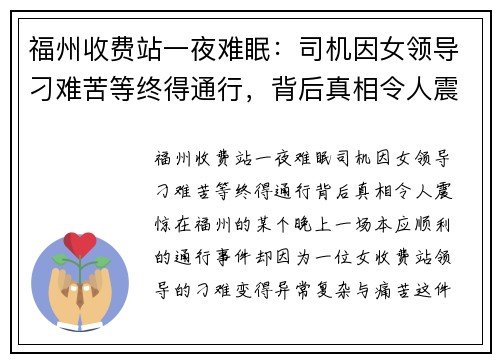 福州收费站一夜难眠：司机因女领导刁难苦等终得通行，背后真相令人震惊