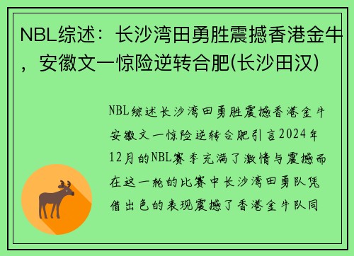 NBL综述：长沙湾田勇胜震撼香港金牛，安徽文一惊险逆转合肥(长沙田汉)